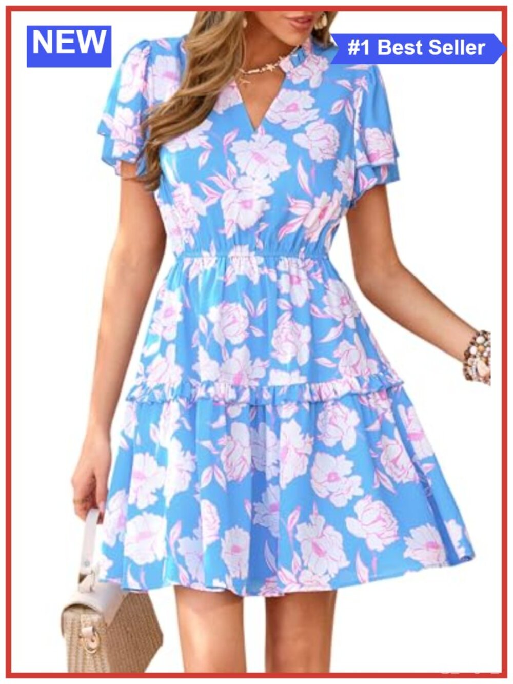 PRETTYGARDEN Womens Floral Mini Dress V Neck Short Sleeve Summer Beach